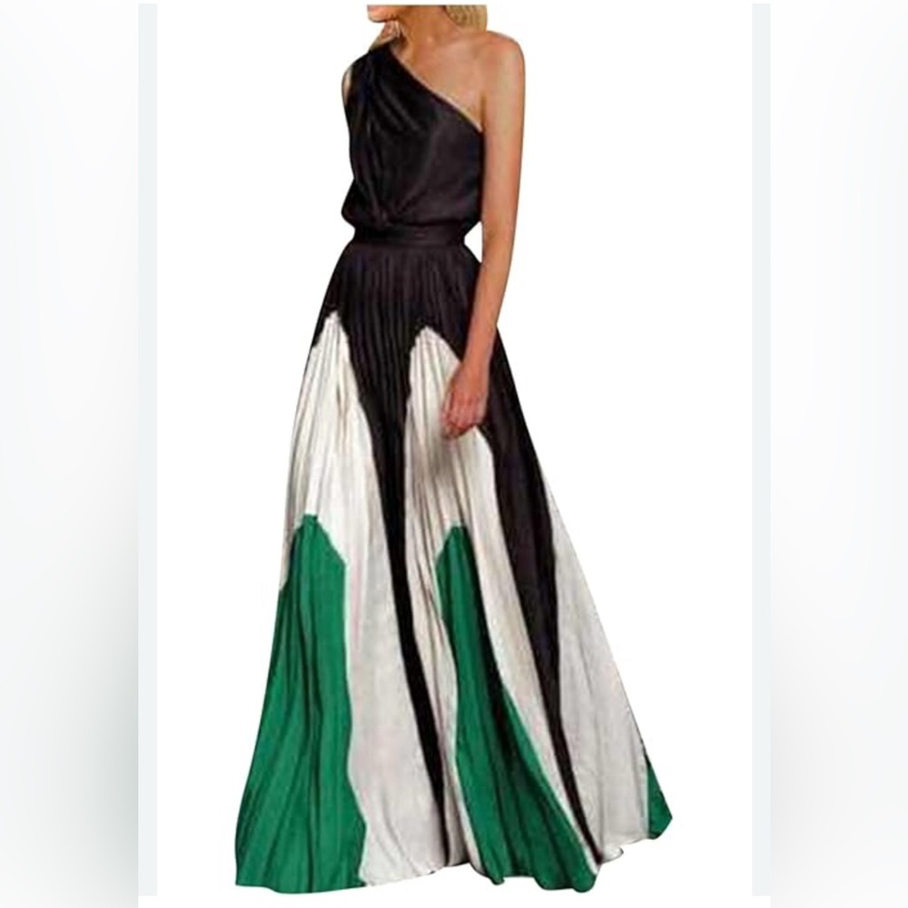 Cinched Waist One Shoulder Cream Green Black Long Flowy Maxi Empire Waist Dress
